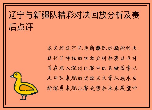 辽宁与新疆队精彩对决回放分析及赛后点评